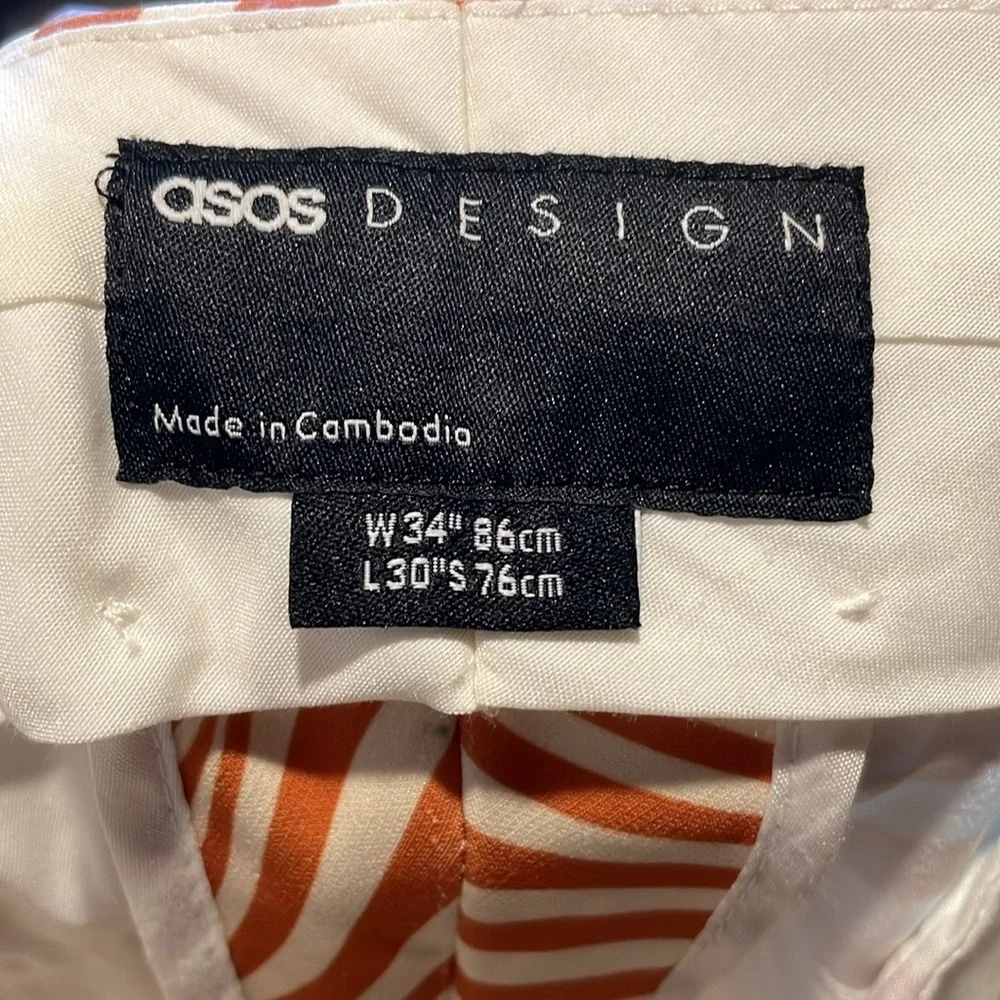 ASOS DESIGN retro 70s wide leg suit pants white & orange swirl men’s W34” L30”